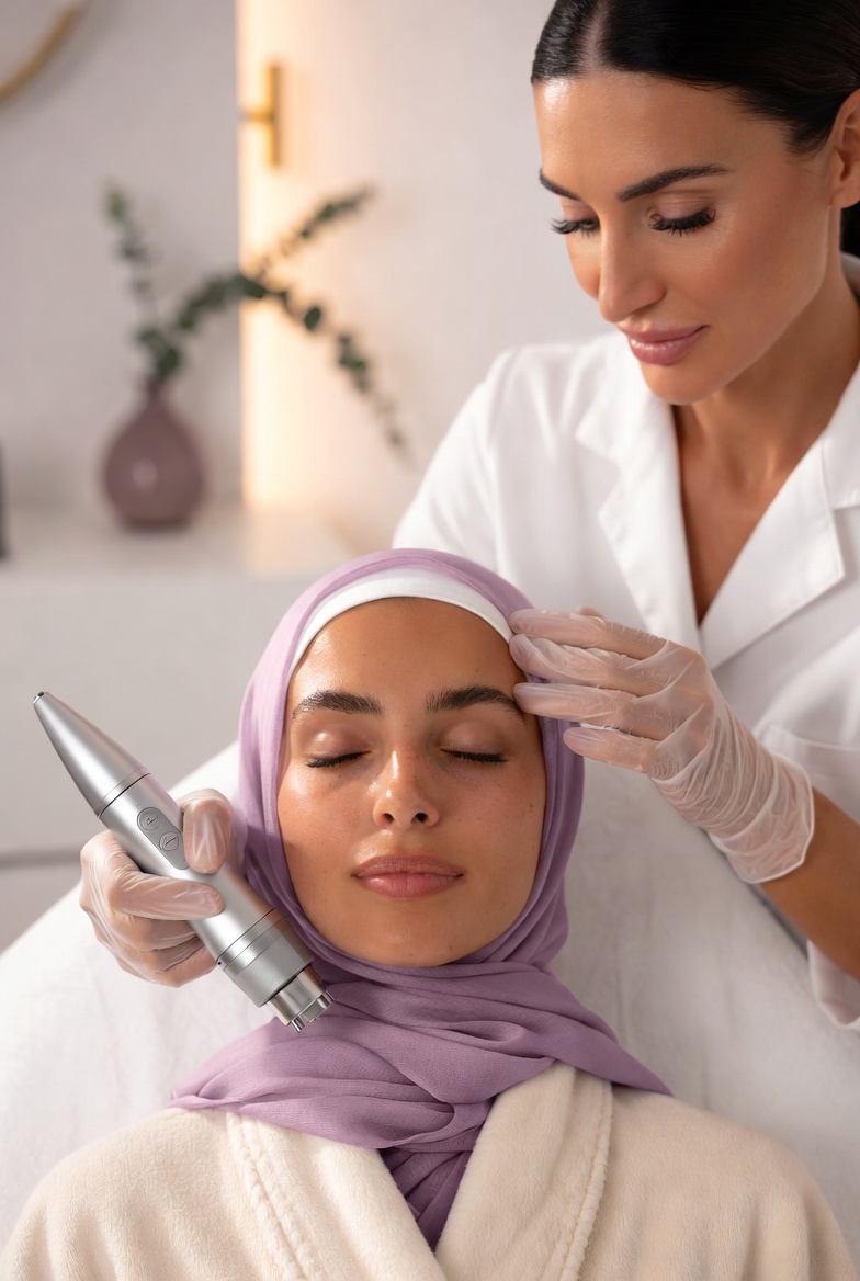 Luxury medical spa treatment room at Chic Derm & Aesthetics in Allen, TX — serene lavender and ivory aesthetic