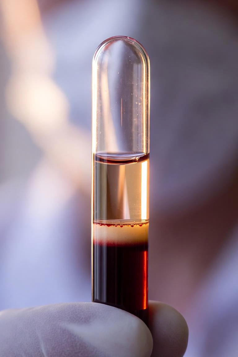 Platelet-rich plasma separated in a centrifuge tube before a PRP facial at Chic Derm & Aesthetics in Allen, TX